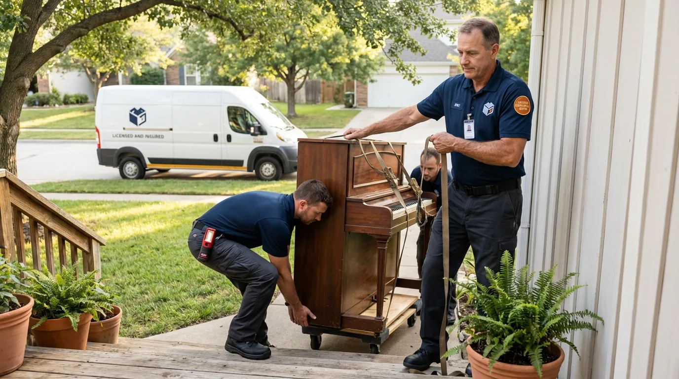 Licensed piano movers securing grand piano in Placentia, CA