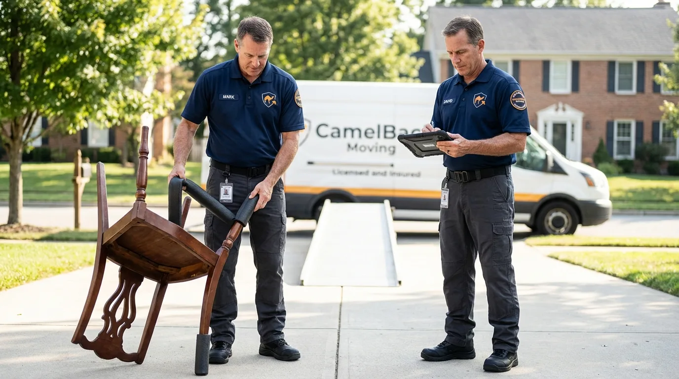 Movers inspecting furniture for damage prevention before loading in Placentia, CA